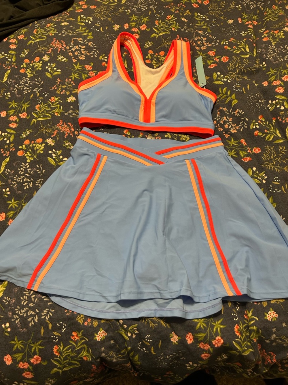 Blue High-Waist Two-Piece Swim Set with Coral Trim - Picture 2 of 8